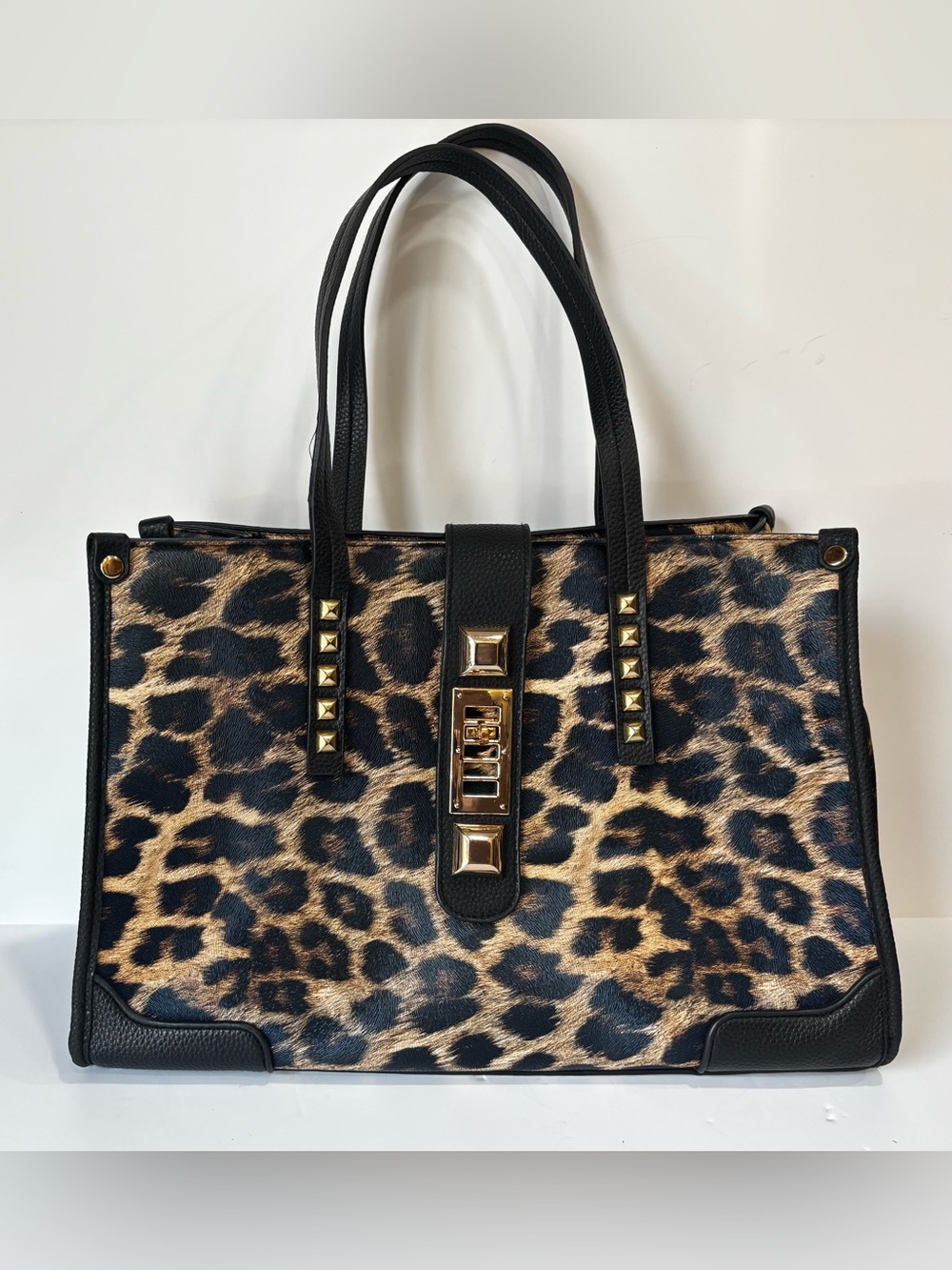 Carlos Santana Leopard Animal Print Purse Studded Black Trim Gold Hardware - New